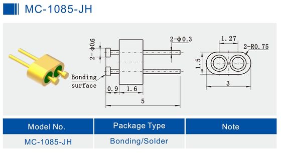 2-Pin Nail Head Diameter 0.3mm Pin Glass To Metal Hermetic Header With Gold Wire Bonding Surface MC-1085-JH